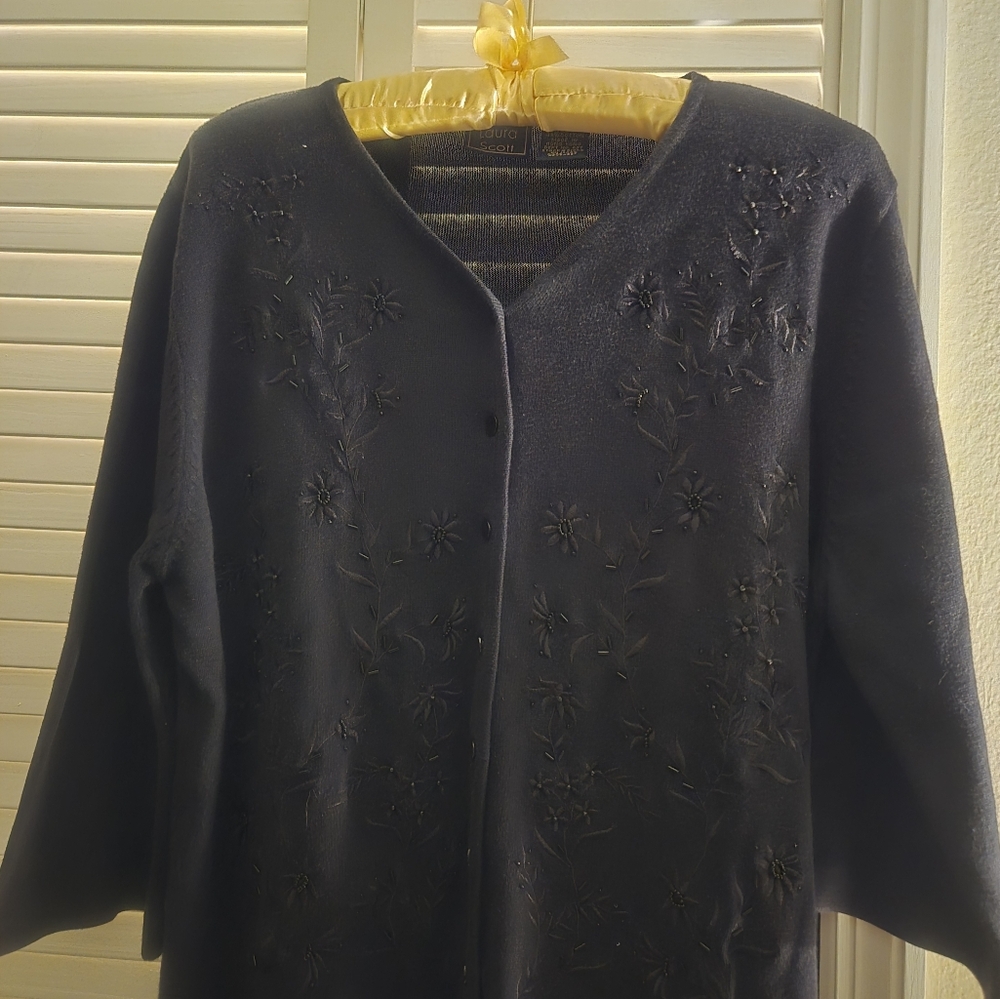 Laura Scott 3/4 Sleeve Black Beaded Cardigan Sweater